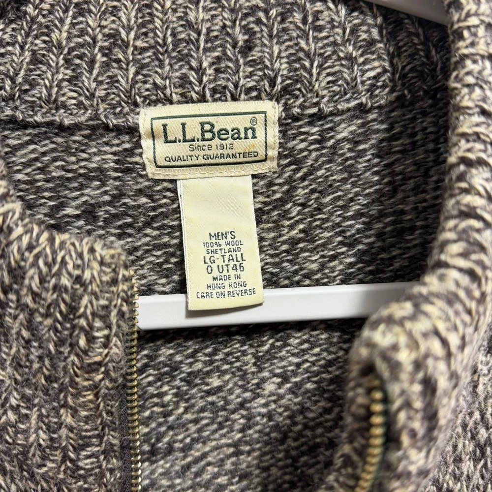 Vintage LL Bean Mens L Tall Shetland Wool Full Zip Cardigan Sweater Marled Brown